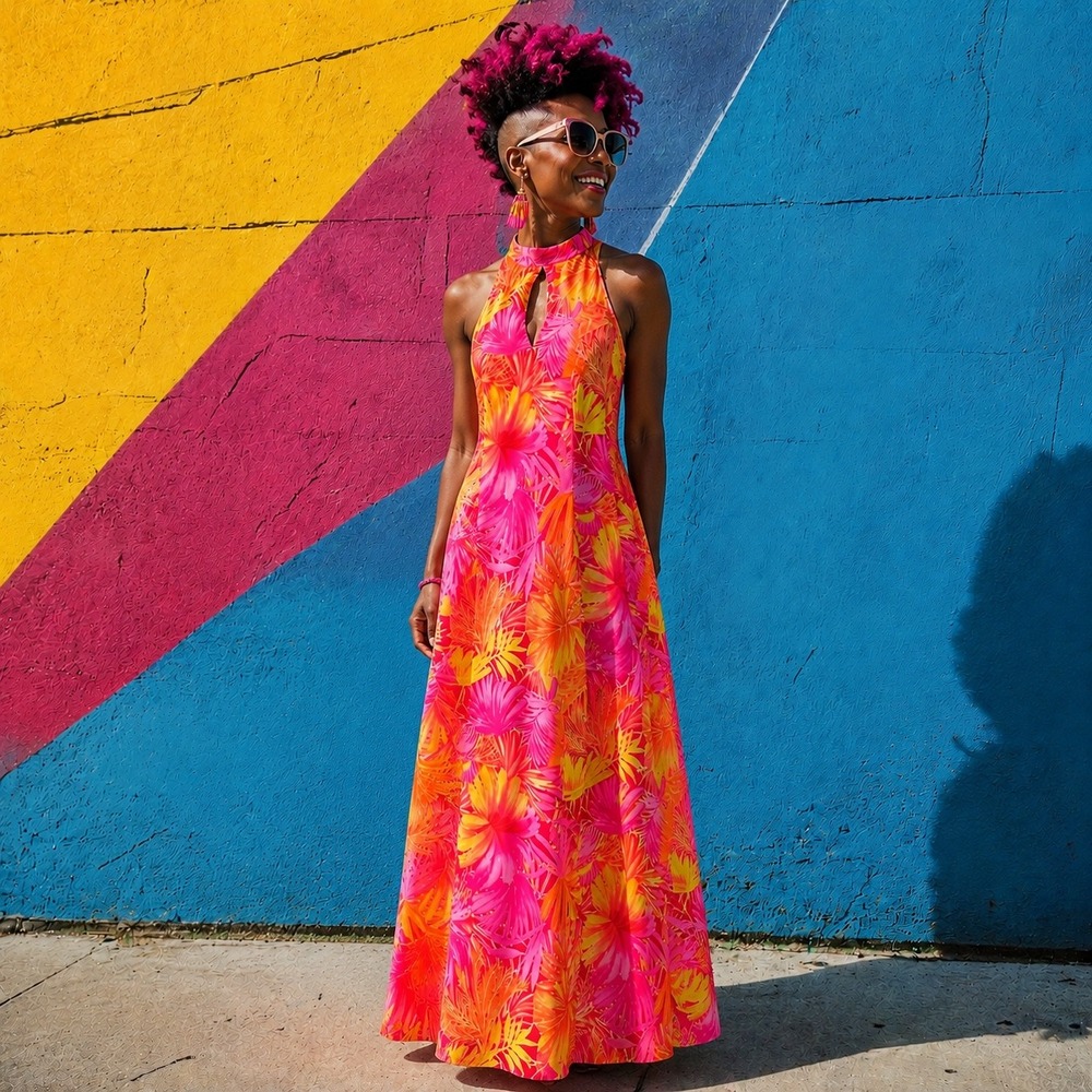 Sherri Martin Womans Small 6‎ Dress Maxie Halter Floral Pink Orange Tropical